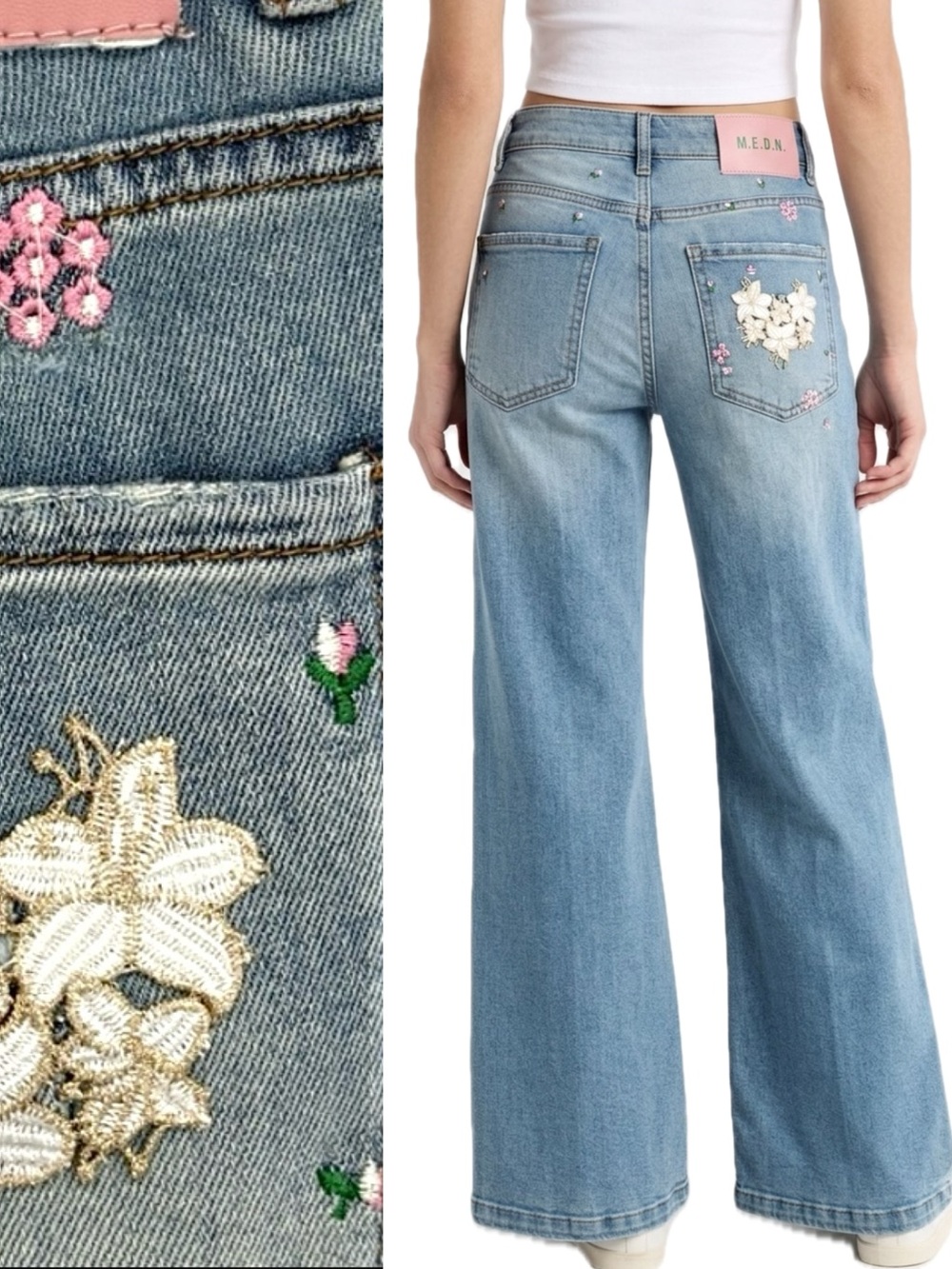 Wide Leg Baggy Lyocell Denim Jeans Womens 25 Floral Applique High Rise Stretch